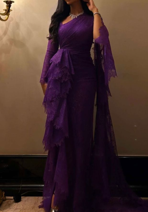 Sexy Lila One-Shoulder Spitze Schlitz Rüschen Ballkleid Abendkleid Y7767