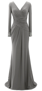 Langes Abendkleid für die Brautmutter für Damen, langärmelig, mit V-Ausschnitt, Y785