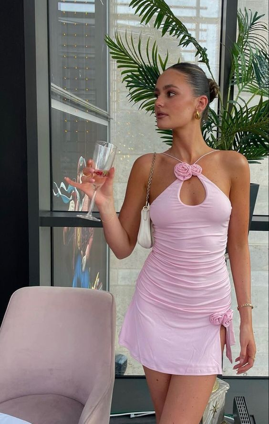 Sexy rosa Mini-Heimkehrkleid mit Rosenblüten Y2851