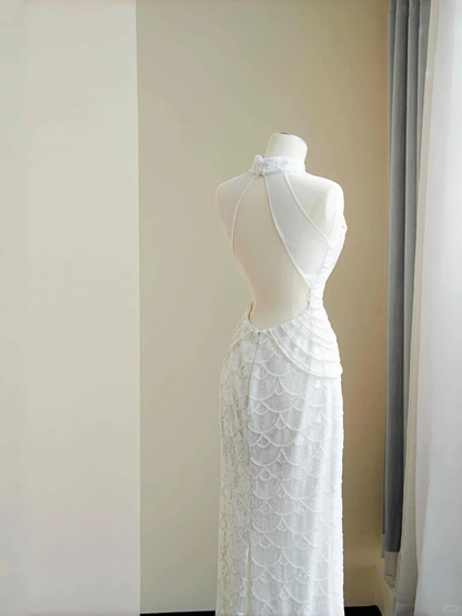 Vestido de noche largo con lentejuelas blancas, perlas y cadena, elegante, estilo vaina, para fiesta y noche, Y8670