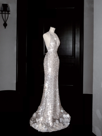 Sexy V-Ausschnitt Silber Pailletten Rückenfreies Meerjungfrau Ballkleid Abendkleid Y8680