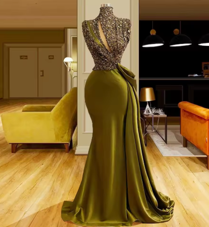 Vestidos de noche vintage de cuello alto, largos, brillantes, elegantes, vintage, Y390