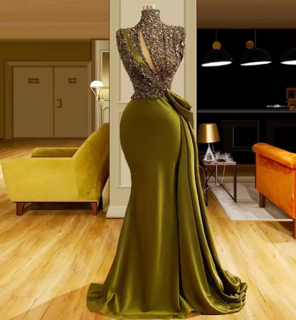 Vestidos de noche vintage de cuello alto, largos, brillantes, elegantes, vintage, Y390