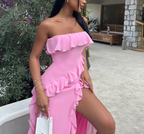 Vestido de noche largo rosa con abertura y volantes, sin tirantes, para cumpleaños y graduación, Y8203