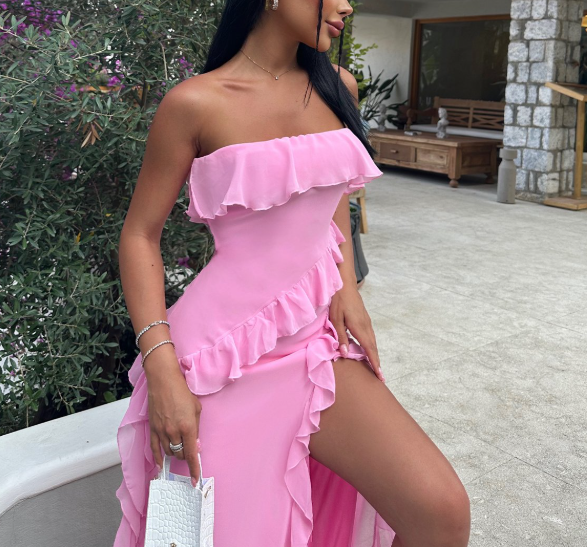 Hübsches rosa trägerloses Abendkleid mit Rüschenschlitz, lang, Geburtstags- und Abschlussballkleid Y8203