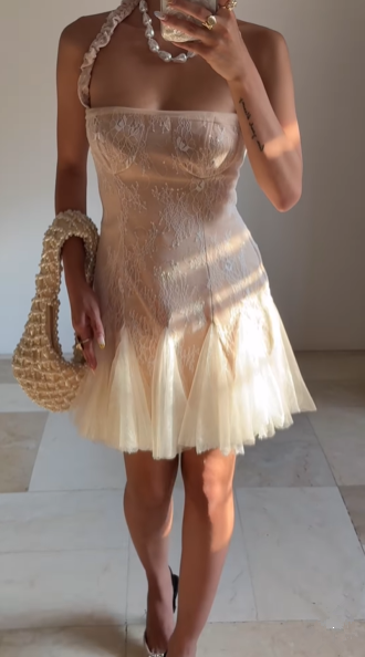 Vestido corto de fiesta con cuello halter, encaje y tul, Y8502
