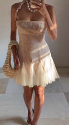 Vestido corto de fiesta con cuello halter, encaje y tul, Y8502