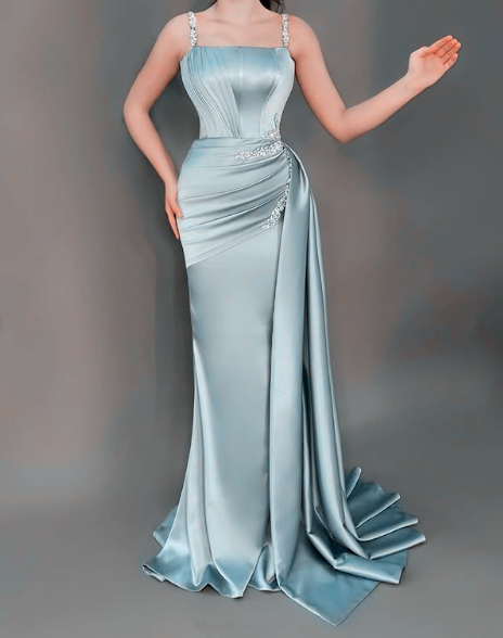 Elegante vestido de fiesta de sirena con tirantes finos de satén azul y cuentas, vestido de noche Y8537