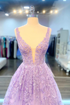 Vestido de fiesta largo de encaje morado con escote en V, vestido formal de encaje lila, vestido de noche morado Y200