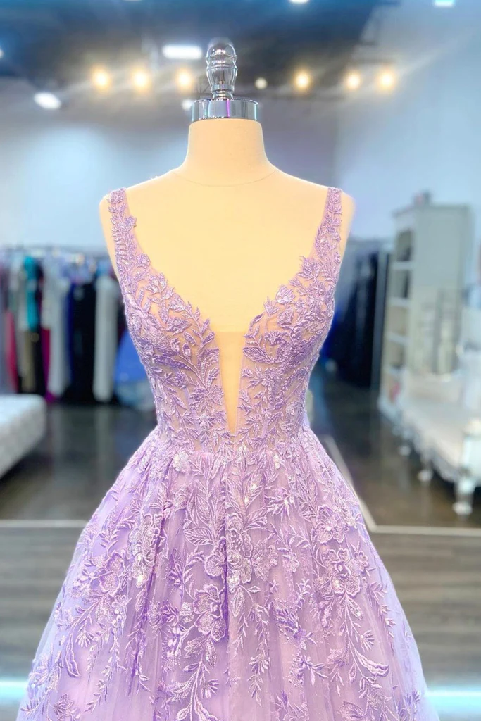 Vestido de fiesta largo de encaje morado con escote en V, vestido formal de encaje lila, vestido de noche morado Y200