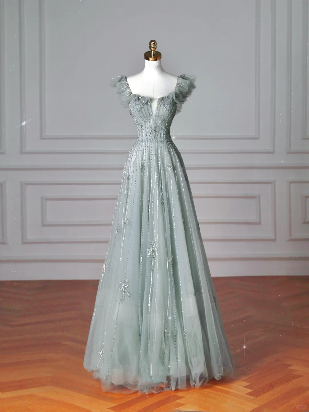 Hermoso vestido de fiesta verde claro con escote cuadrado de tul y cuentas, vestido de noche de corte A Y8612