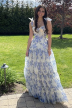 Vestido de fiesta largo con estampado floral azul de corte A, vestido de noche azul Y2560