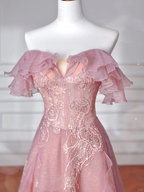 Süßes rosa Tüll Pailletten Perlen A-Linie Ballkleid Off The Shoulder Langes Abendkleid Y8643