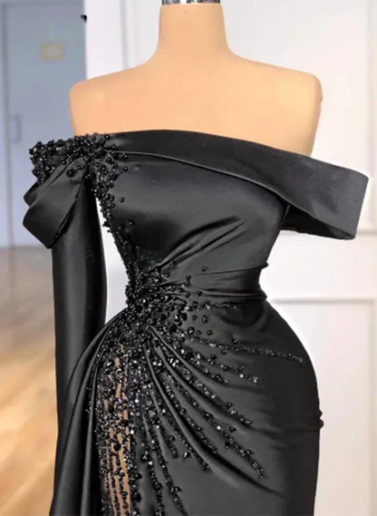 Mode Schwarz Perlen Satin Etuikleid Ballkleid Off The Shoulder Langes Abendkleid Y8030