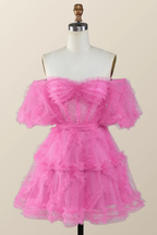 Schulterfreies, pinkes, kurzes A-Linien-Heimkehrkleid mit Rüschen Y2783
