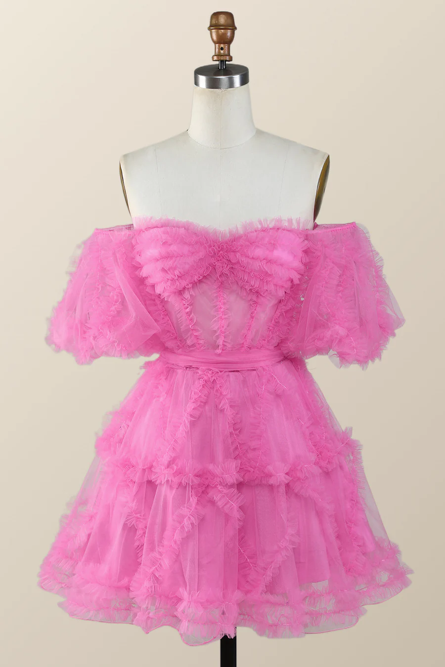 Schulterfreies, pinkes, kurzes A-Linien-Heimkehrkleid mit Rüschen Y2783