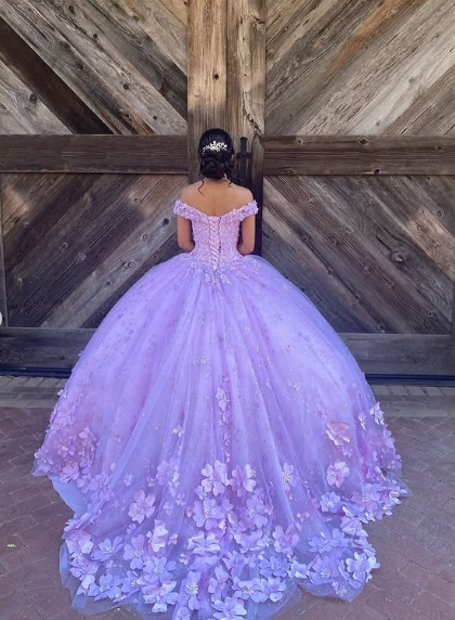 Lujoso vestido de fiesta lavanda con hombros descubiertos, vestido de quinceañera, vestido de princesa Y7182