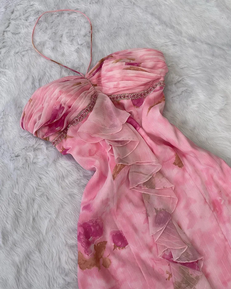 Rosa Chiffon Print Floral Rüschen Abendkleid Neckholder Meerjungfrau Ballkleid Y8306