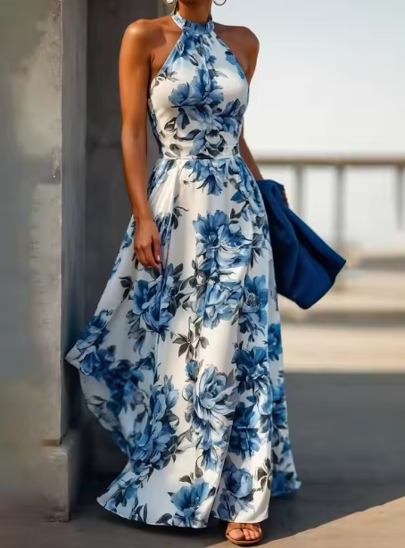 Vestido de noche azul de satén sin mangas con estampado floral y cuello halter, corte A, Y8480