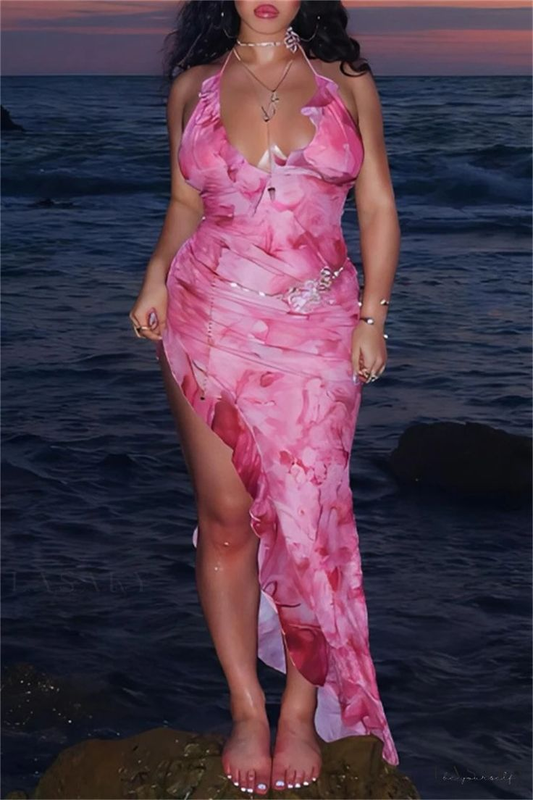 Rosa Neckholder Chiffon Print Rüschen Abendkleid Seitenschlitz Ballkleid Y8256