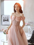 Rosa Herzausschnitt Tüll Perlen Langes Ballkleid, Rosa Abendkleid, Y2406