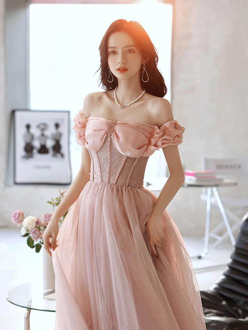 Rosa Herzausschnitt Tüll Perlen Langes Ballkleid, Rosa Abendkleid, Y2406