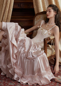 Vestido de fiesta elegante de satén rosa con volantes y cuentas, corte A, vestido de noche largo Y8373