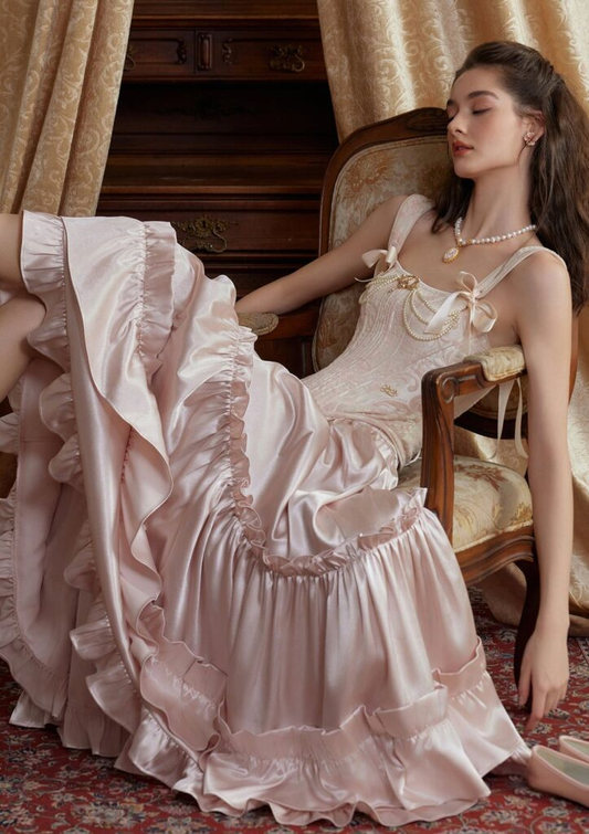 Vestido de fiesta elegante de satén rosa con volantes y cuentas, corte A, vestido de noche largo Y8373