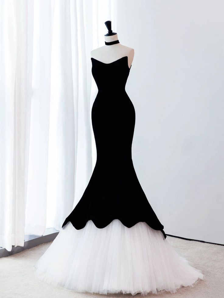 Schwarzes Meerjungfrau-Abendkleid aus Samt und Tüll, lang, Y4678