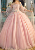 Rosa schulterfreies Ballkleid mit Tüllapplikationen, hübsches A-Linien-Abschlussballkleid Y8374