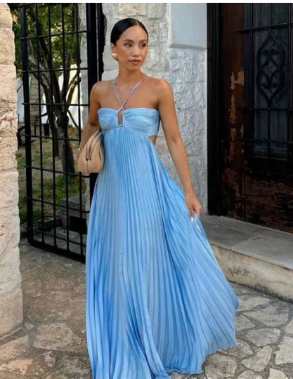 Vestido de fiesta azul sexy con tirantes finos, corte A, largo, sin espalda, Y8090
