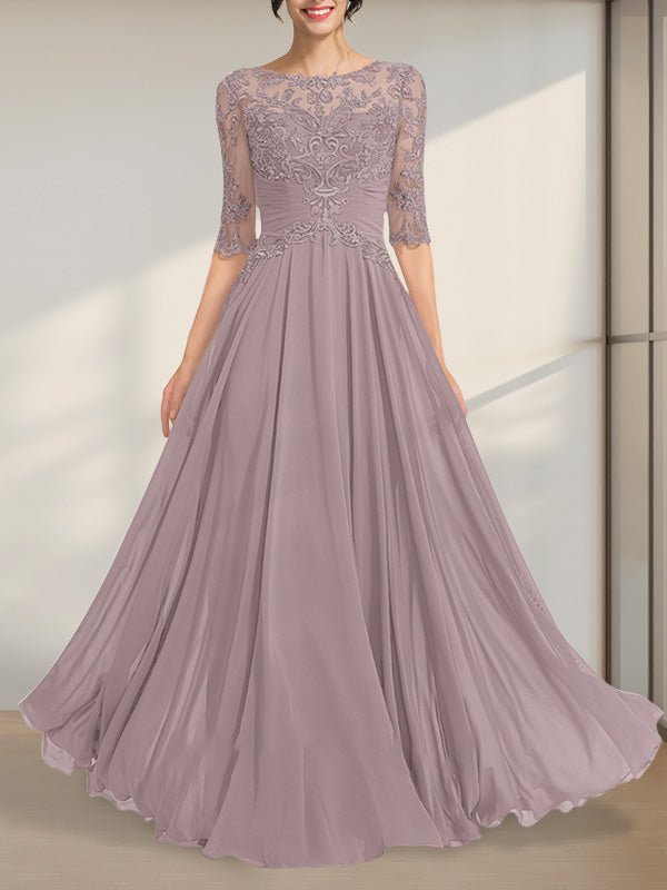 Vestido de gasa de encaje con escote en A y ilusión hasta el suelo para madre de la novia con lentejuelas plisadas