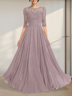 Vestido de gasa de encaje con escote en A y ilusión hasta el suelo para madre de la novia con lentejuelas plisadas