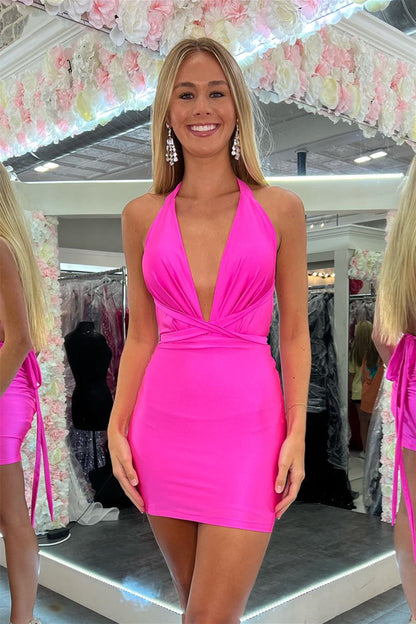 Jemima | Vestido de fiesta de satén con escote halter y escote en V pronunciado