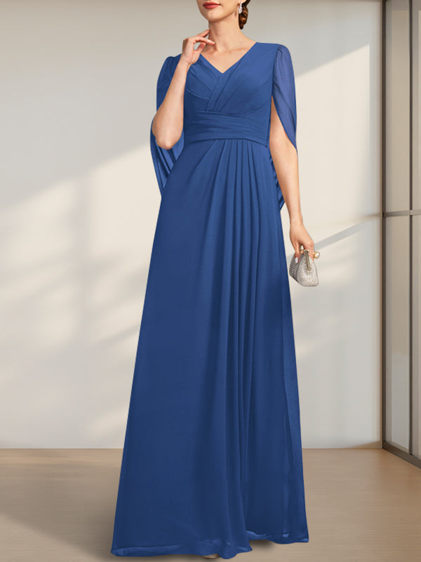 Vestido de gasa para madre de la novia con escote en V, largo hasta el suelo, con pliegues