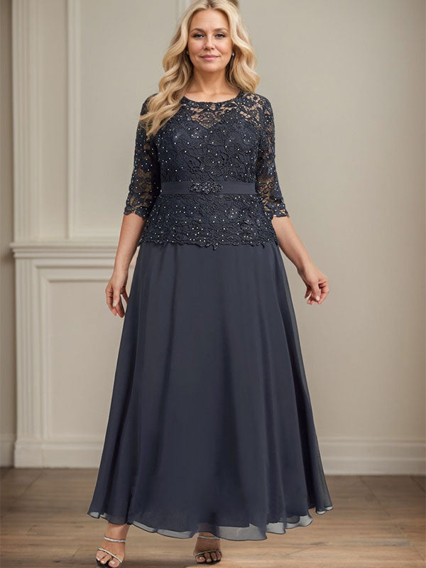 Vestido de gasa con encaje y escote en A, ilusión, largo hasta los tobillos, para madre de la novia con cuentas de diamantes de imitación
