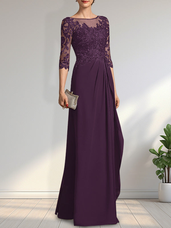 Vestido de gasa para madre de la novia con encaje, corte A, escote redondo, ilusión, largo hasta el suelo, con lentejuelas y abalorios y volantes en cascada