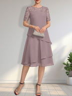 Vestido de gasa con encaje y lentejuelas para madre de la novia, corte A, escote ilusión, largo hasta la rodilla