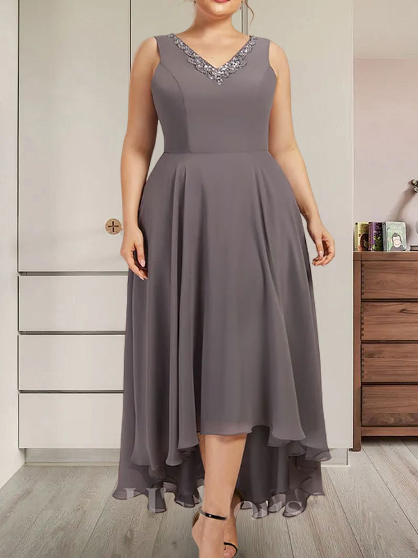 A-Linien-Kleid mit V-Ausschnitt, asymmetrischem Chiffon für die Brautmutter mit Perlen und Pailletten