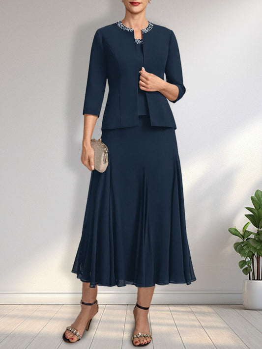 Separates A-Linien-U-Ausschnitt, knielanges Chiffon-Kleid für die Brautmutter mit Pailletten und Perlen 