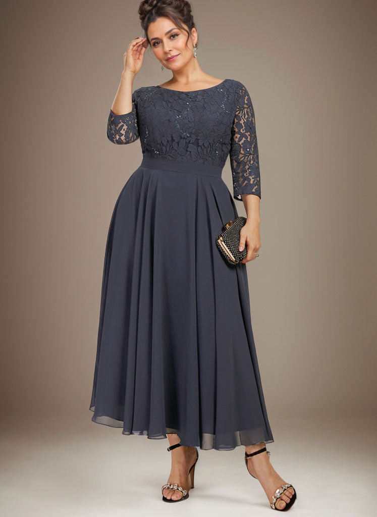 Vestido de gasa con encaje y lentejuelas para madre de la novia, corte A, escote redondo y largo hasta la rodilla