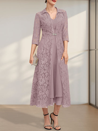 A-Linie V-Ausschnitt Wadenlanges Chiffonkleid für die Brautmutter