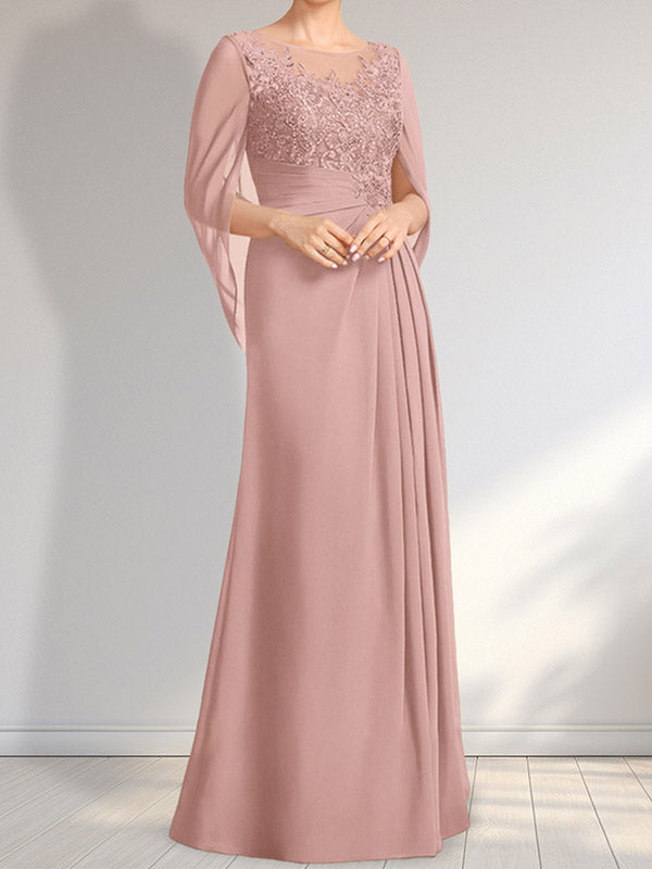 Vestido de gasa con encaje, ilusión, corte A, largo hasta el suelo, para madre de la novia con lentejuelas plisadas