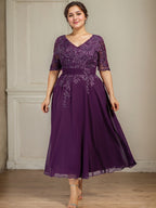 Vestido de gasa con encaje y lentejuelas para madre de la novia, corte A, escote en V y largo hasta la rodilla