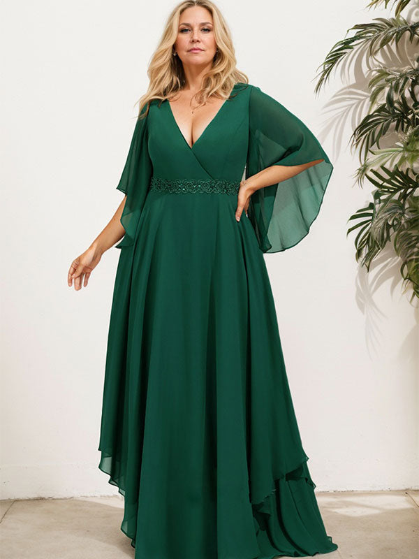 Vestido de gasa para madre de la novia, corte A, escote en V, largo hasta el suelo, con apliques de lentejuelas, encaje y abalorios