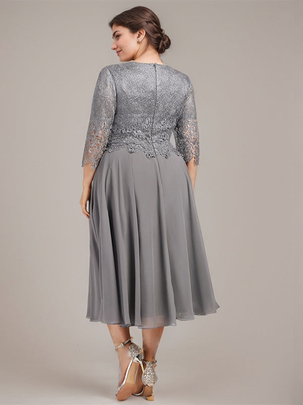 Vestido de gasa con encaje y escote redondo hasta la rodilla para madre de la novia