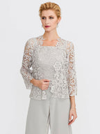 3-teiliger Chiffon-Hosenanzug mit quadratischem Ausschnitt und Jacke für die Mutter der Braut 