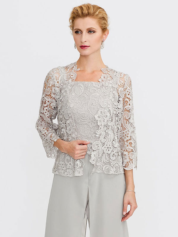3-teiliger Chiffon-Hosenanzug mit quadratischem Ausschnitt und Jacke für die Mutter der Braut 