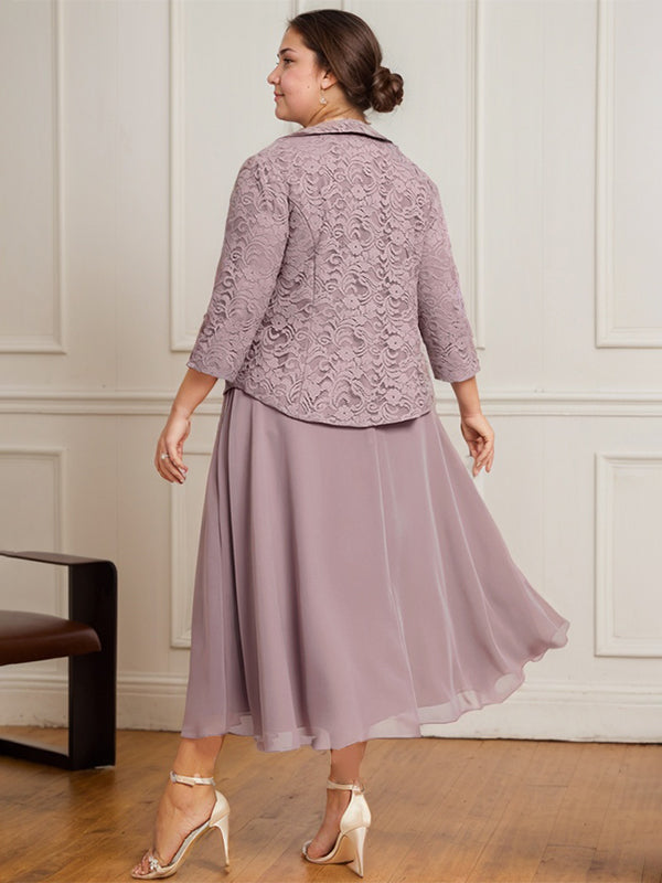 Vestido de gasa con encaje y escote redondo hasta la rodilla para madre de la novia