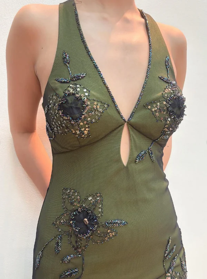 Vintage Halter Satin Beaded Mermaid Evening Dress Sexy Backless Green Prom Dress Y8228